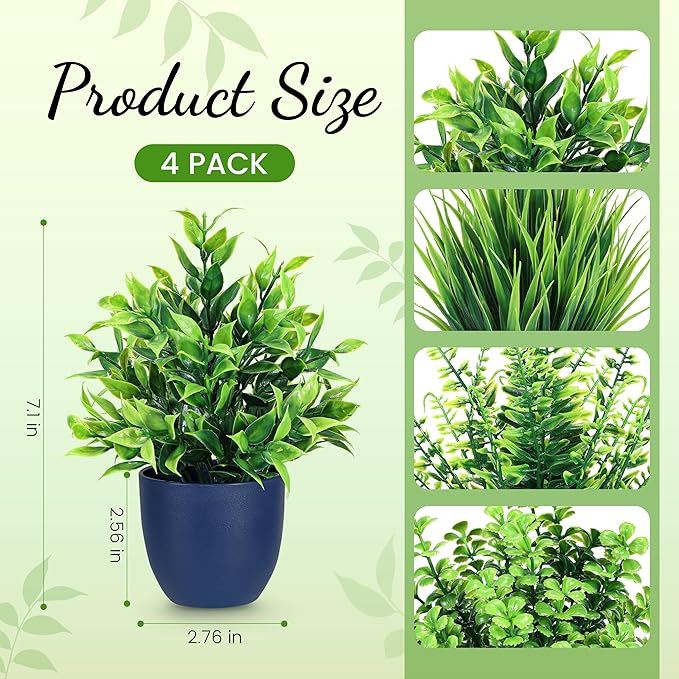 Der Rose 4 Pack Fake Plants Small Artificial Plants for Blue Bathroom Decor | Modern faux plants indoor, suit home kitchen table and bathroom decor accessories, easy-care greenery makes a nice gift