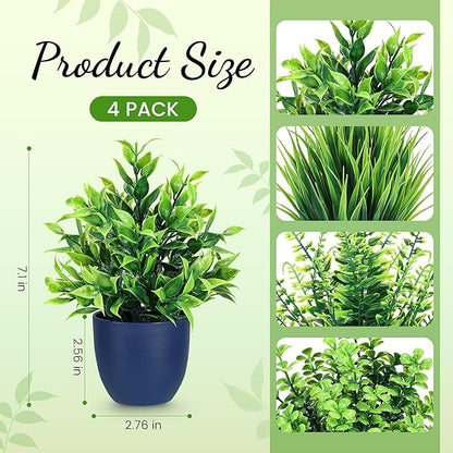 Der Rose 4 Pack Fake Plants Small Artificial Plants for Blue Bathroom Decor | Modern faux plants indoor, suit home kitchen table and bathroom decor accessories, easy-care greenery makes a nice gift