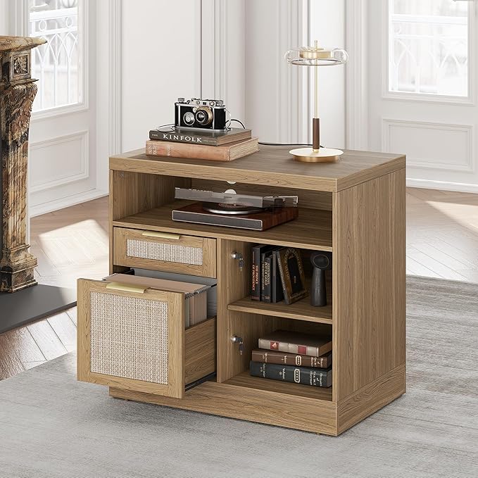 2 Drawer Rattan File Cabinet, 32'' Lateral File Cabinet with Lock and AC/USB for Letter/A4 Size, Wood Filing Cabinet with Storage Shelves for Home Office, Natural Oak