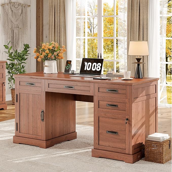 Whalefall 55'' Farmhouse Desk Home Office with Drawers, Brown | Executive Computer Desk with File Cabinet and Charging Station, Wooden Small Desk with Locking Drawers Storage