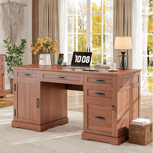 Whalefall 55'' Farmhouse Desk Home Office with Drawers, Brown | Executive Computer Desk with File Cabinet and Charging Station, Wooden Small Desk with Locking Drawers Storage