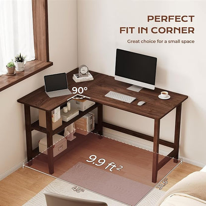 IOTXY Reversible L-Shaped Office Desk - 45" Compact Corner Computer Table with Storage Shelves, Solid Wood Legs, Writing & Study Workstation for Small Spaces, Walnut