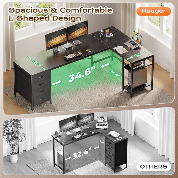 Huuger 63 Inch L Shaped Desk with Fabric Drawers, Reversible Computer Gaming Desk with Power Outlets and USB-C Port, Adjustable Side Storage Shelves, for Work Study Corner Home Office, Black