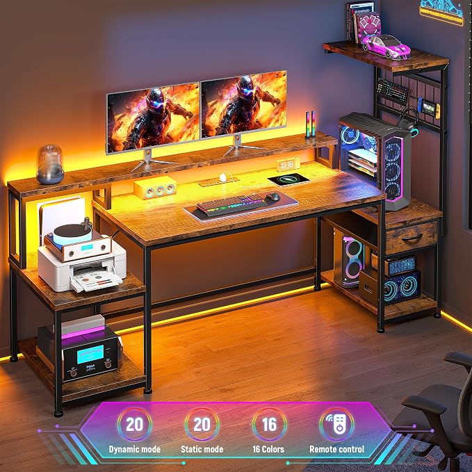 DurayLoly 55" Computer Desk with LED Lights & Outlets,Office Desk with Drawers & Monitor Stand,Gaming Desk with 3 Storage Shelves, Hooks& Printer Space for Game&Study Room,Home Office,Bedroom,Brown