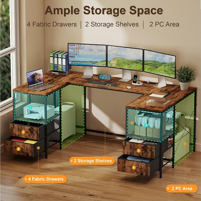 YOSHOOT 67" U Shaped Computer Desk, Reversible L Shaped Gaming Desk | Corner Desk with Power Outlets, 4 Drawers, 2 Storage Shelf, Computer Table with 4 Installation Methods, Rustic Brown