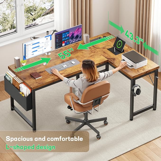 DurayLoly 55" Thicker L Shaped Computer Desk for Home Office, Brown | 0.95" Thick Desktop & Metal Frame Supports for Dual Monitors,Flexible Reversible Corner Desk for Bedroom