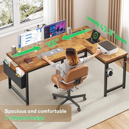 DurayLoly 55" Thicker L Shaped Computer Desk for Home Office, Brown | 0.95" Thick Desktop & Metal Frame Supports for Dual Monitors,Flexible Reversible Corner Desk for Bedroom