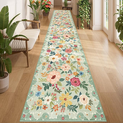 DUKINO 2.6x14 Kitchen Runner Rug, Lightweight Floral Washable Rug for Hallway, Boho Low Pile & Non Slip Backing Soft Floor Carpet for Entryway, Bedroom, Bathroom, Laundry, Green
