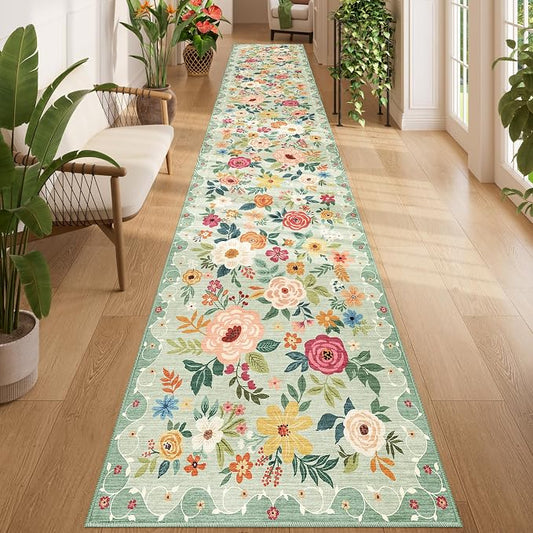 DUKINO 2.6x14 Kitchen Runner Rug, Lightweight Floral Washable Rug for Hallway, Boho Low Pile & Non Slip Backing Soft Floor Carpet for Entryway, Bedroom, Bathroom, Laundry, Green