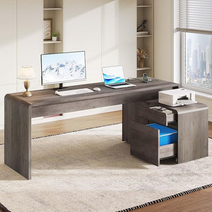 Mid-Century Modern 78" L-Shaped Executive Desk with Independent Mobile File Cabinet, Large Home Office Desk with Drawers and 4 AC + 2 USB Power Outlets, Waterfall Edge Design, Grey Oak