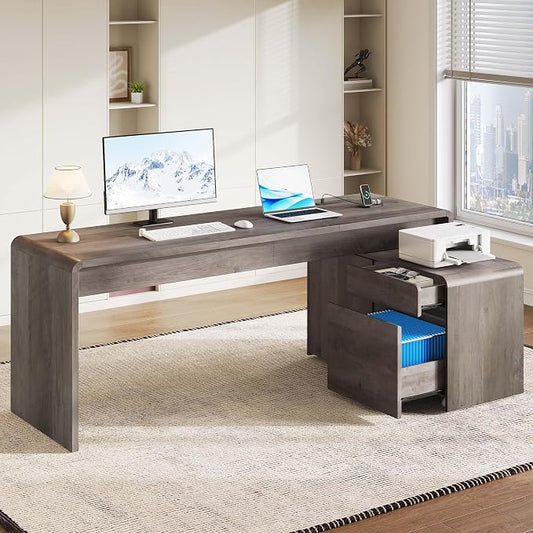 Mid-Century Modern 78" L-Shaped Executive Desk with Independent Mobile File Cabinet, Large Home Office Desk with Drawers and 4 AC + 2 USB Power Outlets, Waterfall Edge Design, Grey Oak