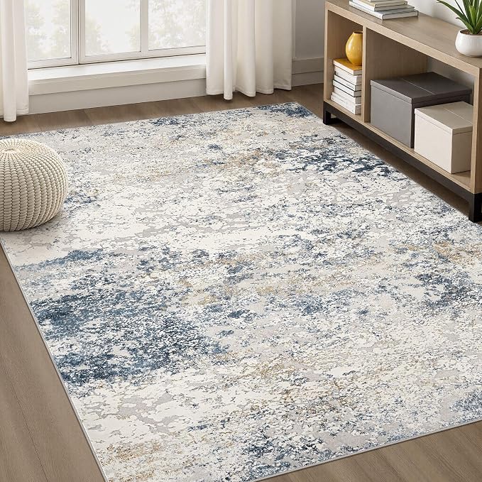 Area Rug Living Room Rugs - 5x7 Abstract Large Soft Indoor Washable Rug Neutral Modern Low Pile Carpet for Bedroom Dining Room Farmhouse Home Office - Beige Blue