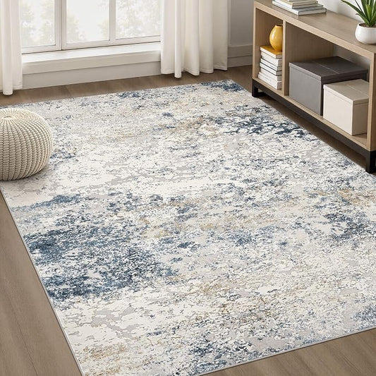 Area Rug Living Room Rugs - 5x7 Abstract Large Soft Indoor Washable Rug Neutral Modern Low Pile Carpet for Bedroom Dining Room Farmhouse Home Office - Beige Blue