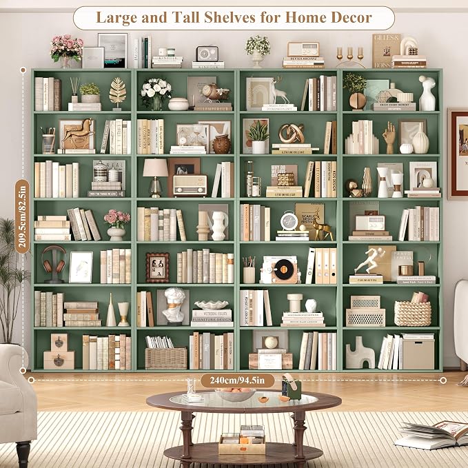 FACBOTALL 82" Tall Bookshelf Set of 2, 7-Tier Double Open Shelves Bookcase,Freestanding Display Storage Shelves, Tall Bookcase Home Decor Furniture for Home Office,Living Room,Bedroom, Green
