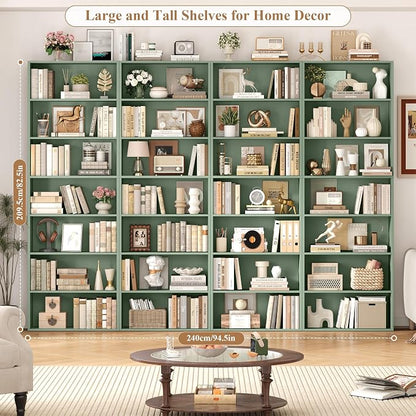 FACBOTALL 82" Tall Bookshelf Set of 2, 7-Tier Double Open Shelves Bookcase,Freestanding Display Storage Shelves, Tall Bookcase Home Decor Furniture for Home Office,Living Room,Bedroom, Green
