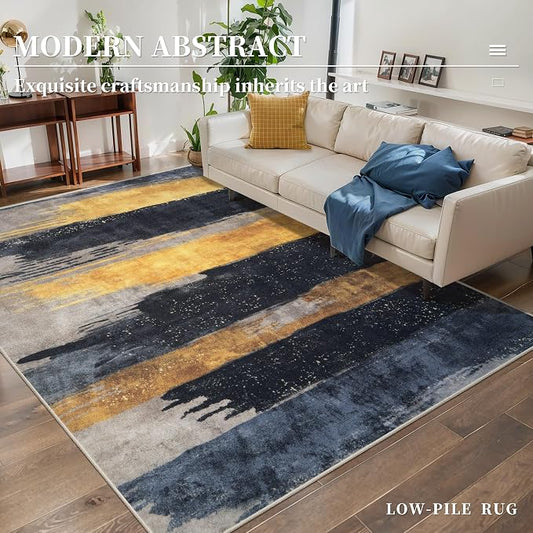 Ciicool Abstract Area Rug Indoor, 3x5 Washable Entryway Rug, Modern Soft Throw Entry Rug with Non-Slip Backing for Bedroom Living Room Entrance Kitchen, Low-Pile Floor Carpet Doormat Black Gold