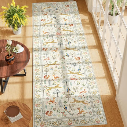 DUKINO Runner Rug, 2x7 Washable Kitchen Rugs for Hallways with Non Slip Backing, Soft Low Pile Vintage Animal Runner for Kitchen, Hallway, Entryway, Laundry, Bedroom, Beige