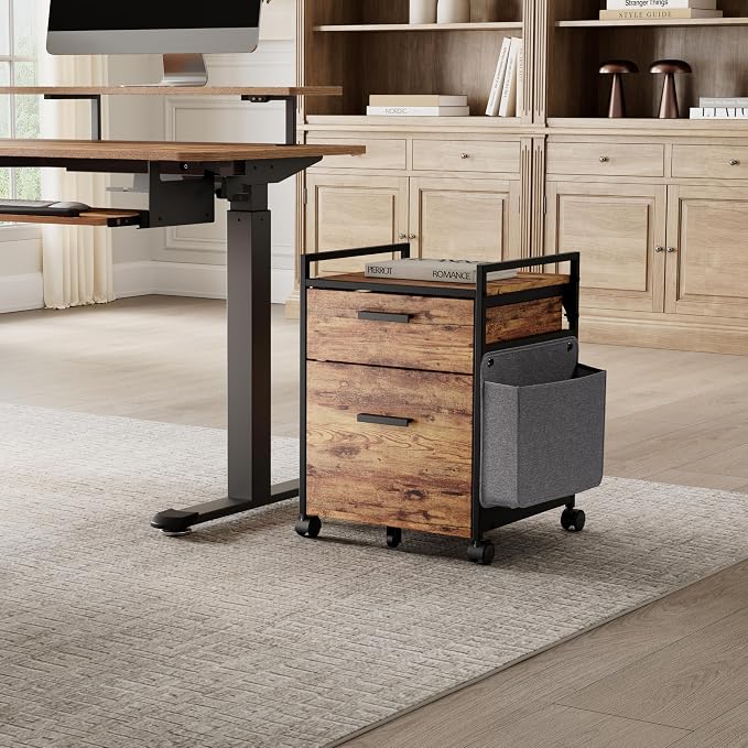 EUREKA ERGONOMIC 2 Drawer Mobile File Cabinet with Wheels, Solid Wood Rolling Storage Cabinet for Home Office, Space-Saving Under Desk Organization with Printer Stand, Rustic Brown