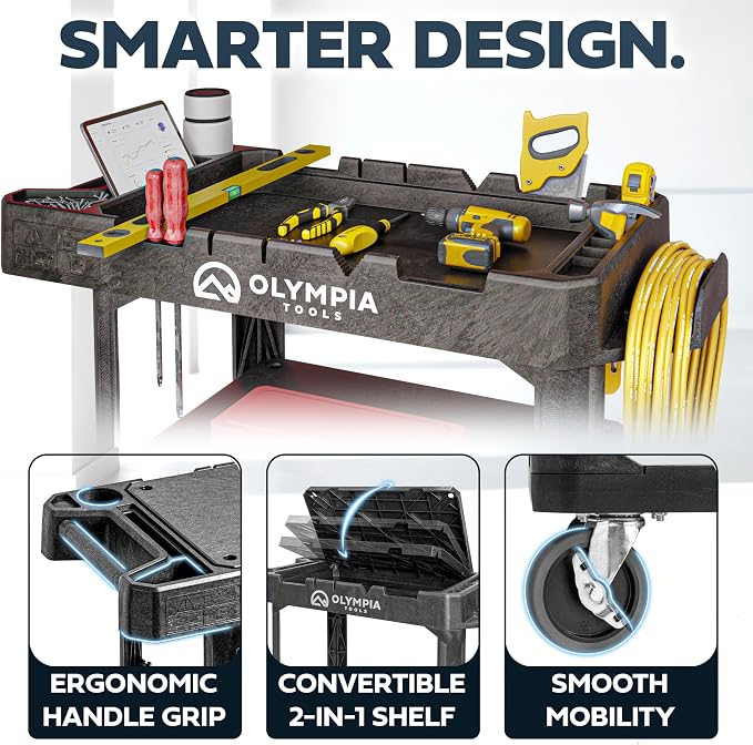 Olympia Tools 2-in-1 Heavy Duty Utility Work Cart, Rolling Tool Cart with Wheels, Convertible 3-Shelf to Flat Top Workstation, 660 Lb Capacity, Black