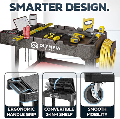 Olympia Tools 2-in-1 Heavy Duty Utility Work Cart, Rolling Tool Cart with Wheels, Convertible 3-Shelf to Flat Top Workstation, 660 Lb Capacity, Black