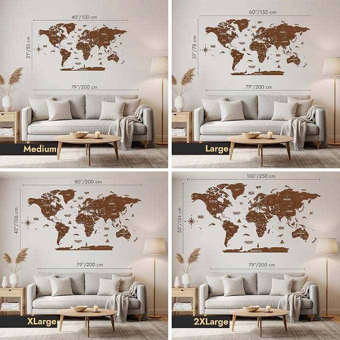 Colorfull Worlds, Multilayer 3D Wooden World Map, Travel Map States and Capitals, Wall Decor For New House, Gift For Travelers, Office Decor, Birthday Present, Living Room Decoration (XL, Light Brown)