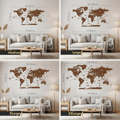 Colorfull Worlds, Multilayer 3D Wooden World Map, Travel Map States and Capitals, Wall Decor For New House, Gift For Travelers, Office Decor, Birthday Present, Living Room Decoration (2XL,Light Brown)