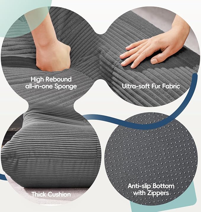 Hobestluk Small Bean Bag Chair Faux Fur Fabric BeanBag Couch for Playroom | Grey Corduroy,Ergonomic Design,Memory Foam,Strong Supportive,No Assembly Required,Decorative Style for Living Room Bedroom