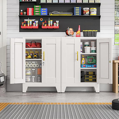 36" Metal Garage Storage Cabinet with Lock,Lockable Office File Cabinet with 2 Doors and 2 Adjustable Shelves,Outdoor Steel Locker Organizer for Home Office,Gym,School,Warehouse(White)