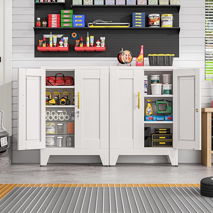 36" Metal Storage Cabinet with Lock,Steel Locker Organizer, Office File Cabinet with 2 Doors and 2 Adjustable Shelves,Outdoor Tool Garage Cabinets for Home Office,Gym,School,Warehouse(White)
