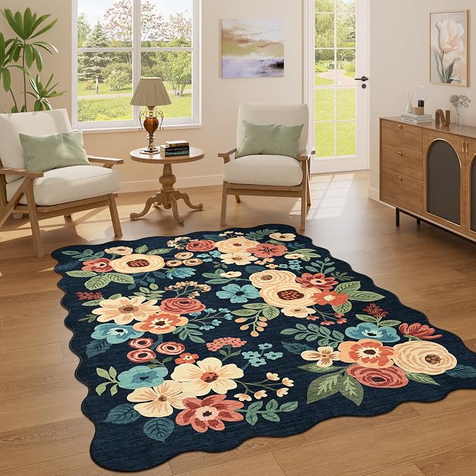 DUKINO 4x6 Area Rug, Floral Non-Slip Indoor Washable Rug with Low Pile & Non-Shedding, Lightwight Boho Design Carpet for Entryway, Bedroom, Kids Room, Living Room, Kitchen, Navy Blue
