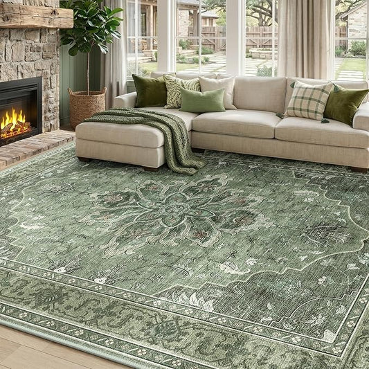 RELEANY Area Rugs 8'x10' Washable Non-Slip, Floral Vintage Distress Medallion Carpet for Living Room Bedroom Dining Room, Dark Green Gray