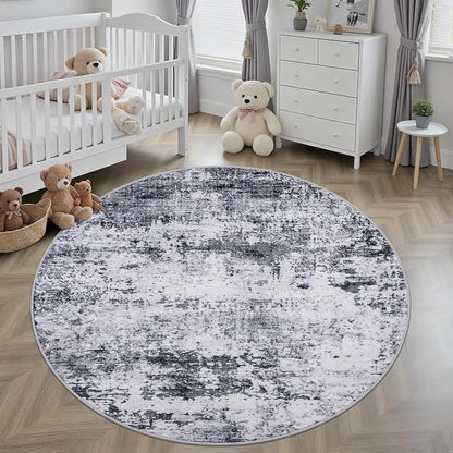 Round Area Rug for Living Room: 5 ft Washable Modern Abstract Soft Thin Rug Indoor Floor No Slip Stain Resistant Carpet for Bedroom Dining Room Farmhouse Nursery Home Office - Grey