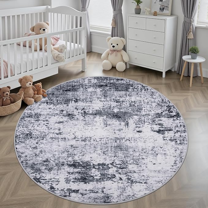 Round Area Rug for Living Room: 4 ft Washable Modern Abstract Soft Thin Rug Indoor Floor No Slip Stain Resistant Carpet for Bedroom Dining Room Farmhouse Nursery Home Office - Grey