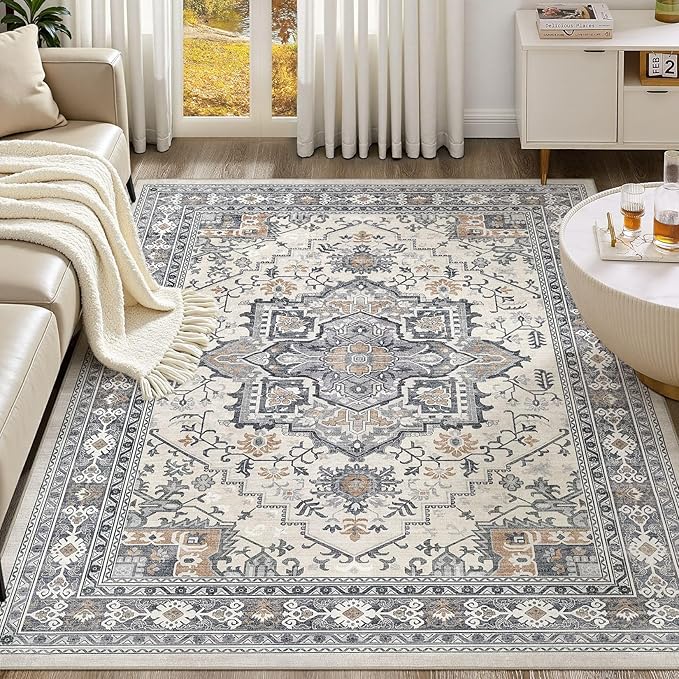 UERMEI 8x10 Area Rug Living Room Rugs - Washable Vintage Soft Large Rug Indoor Floor No Slip Rug Carpet for Bedroom Farmhouse Under Dining Table Home Office Decor - Grey-Orange