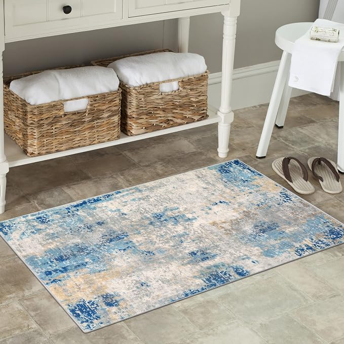 Lahome Modern Abstract Kitchen Rug - 2x3 Washable Small Front Doormat Soft Throw Rugs for Entryway Non-Slip, Contemporary Faux Wool Floor Indoor Carpet for Bathroom, Blue/Yellow/Ivory