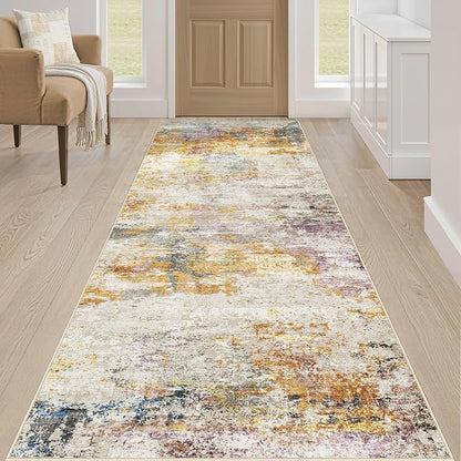 Runner Rug Kitchen Washable Rugs: 2x6 Non-Slip Abstract Soft Modern Stain Resistant Indoor Floor Neutral Accent Throw Carpet for Hallway Bathroom Laundry Room Entryway Bedroom- Gold Colorful