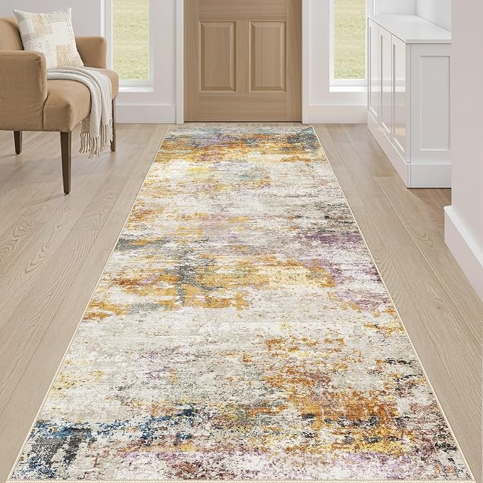 Runner Rug Kitchen Washable Rugs: 3x10 Non-Slip Abstract Soft Modern Stain Resistant Indoor Floor Neutral Accent Throw Carpet for Hallway Bathroom Laundry Room Entryway Bedroom- Gold Colorful