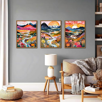 Floating Framed Boho Colorful Wall Art, Abstract Watercolor Mountain Landscape Wall Decor Painting Set of 3, Modern Flower Aesthetic Posters Prints for Living Room Bathroom Bedroom 12x16 Inch