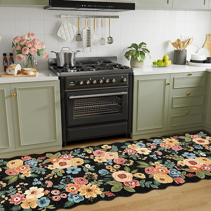 DUKINO 2.6x10 Runner Rug for Hallway, Lightweight Washable Floral Kitchen Rug with Non Shedding, Soft Low Pile & Non Slip Backing Boho Runner for Entryway, Bathroom, Laundry, Bedroom, Black
