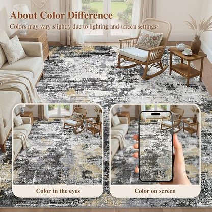 UERMEI 9x12 Area Rug for Living Room - Washable Neutral Modern Abstract Carpet, Non-Slip Soft Large Indoor Floor Rugs for Bedroom Home Office & Under Dining Table Decor, Black/White/Gold