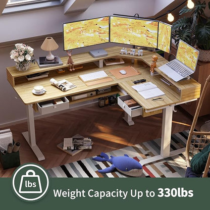 FEZIBO 63"x49" L Shaped Standing Desk with LED Strip & 2 Drawers, Upper and Lower Storage Shelves Available, Electric Height Adjustable, for Gaming, Office, Natural（2 Packages）