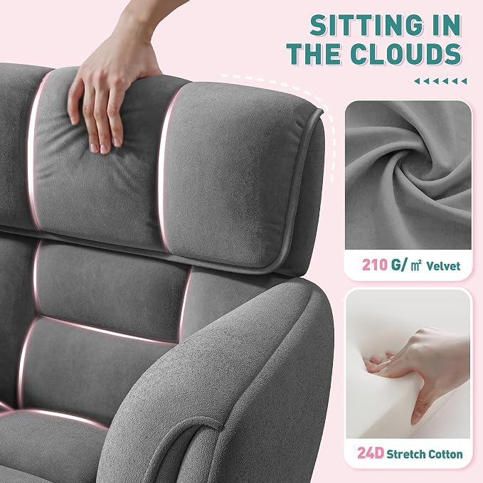 DurayLoly Home Office Chair with Wheels Soft-Touch Material,Modern Cute Vanity Chair with Back Adjustable Height Upholstered Comfy Desk Chairs with Side Pockets for Bedroom,Grey