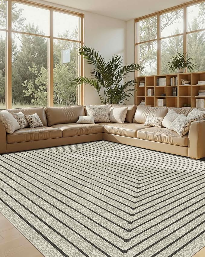 Latte&Fog 9x12 Area Rug for Living Room, Extra Large Beige Modern Abstract Washable Rugs, Boho Non Slip Low Pile Carpet for Indoor Bedroom Dining Room, Office, Dorm, Classroom and Farmhouse - Beige