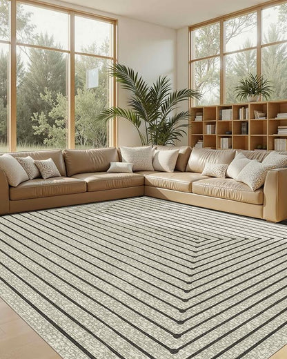 Latte&Fog 9x12 Area Rug for Living Room, Extra Large Beige Modern Abstract Washable Rugs, Boho Non Slip Low Pile Carpet for Indoor Bedroom Dining Room, Office, Dorm, Classroom and Farmhouse - Beige