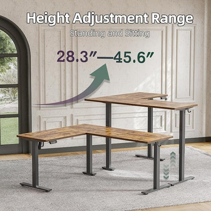 TIQLAB 63 x 55 inch L Shaped Standing Desk Adjustable Height, Electric Corner Standing Desk, Sit Stand Computer Table with Splice Board, Rustic Brown