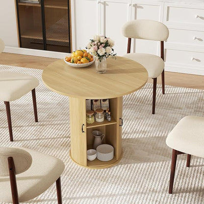 31.5 inch Round Dining Table for 2, Small Dinner Table with 2-Layer Storage Shelf, Morden Circle Kitchen Table with Wood Strip Base and Slide Door for Home Dining Room, Living Room, Natural