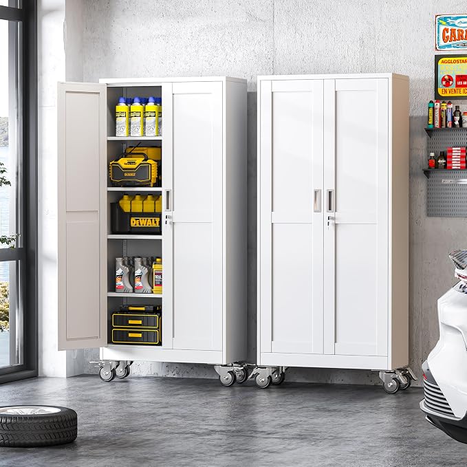 winiowa 71" Tall Metal Garage Storage Cabinet with Wheels, Steel Locking Rolling Tool Cabinet with 4 Adjustable Shelves for Garage,Home,Office (White)