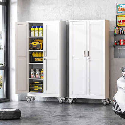 winiowa 71" Tall Metal Garage Storage Cabinet with Wheels, Steel Locking Rolling Tool Cabinet with 4 Adjustable Shelves for Garage,Home,Office (White)