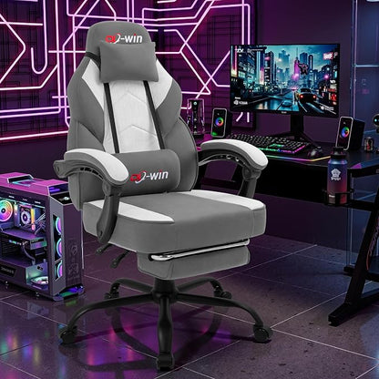 DL-win Gaming Chair for Adults with Footrest & Massage Lumbar Support, Ergonomic High Back Gamer Chair, Adjustable Swivel Computer Gaming Chairs with Headrest and Linkage Armrests,Green (Greige)