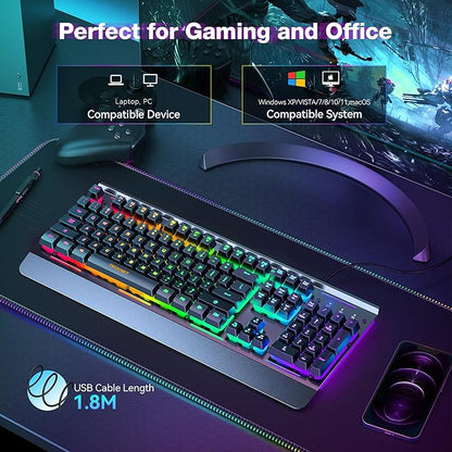 TECKNET Wired Gaming Keyboard, USB Wired Computer Keyboard, 15-Zone RGB Illumination, IP32 Water Resistance, 25 Anti-ghosting Keys, All-Metal Panel (Whisper Quiet Design)